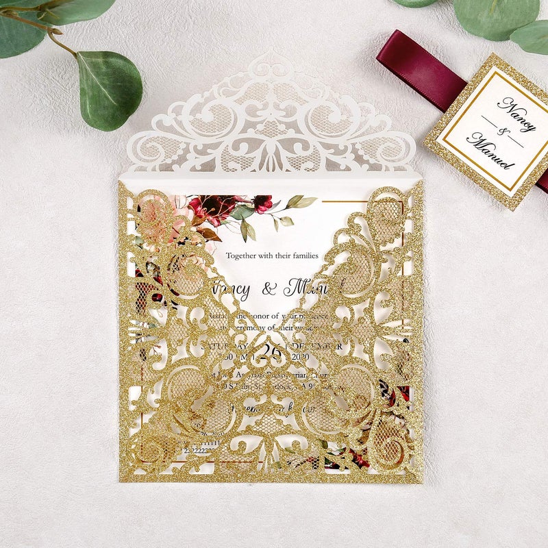DreamBuilt 6.3 X 6.3 Inch 50PCS Blank Dark Gold Glitter Laser Cut Wedding Invitations With Envelopes Hollow Rose Pocket With Burgundy Ribbon Belly Band Wedding Invitation Cards For Wedding Invite - Image 5